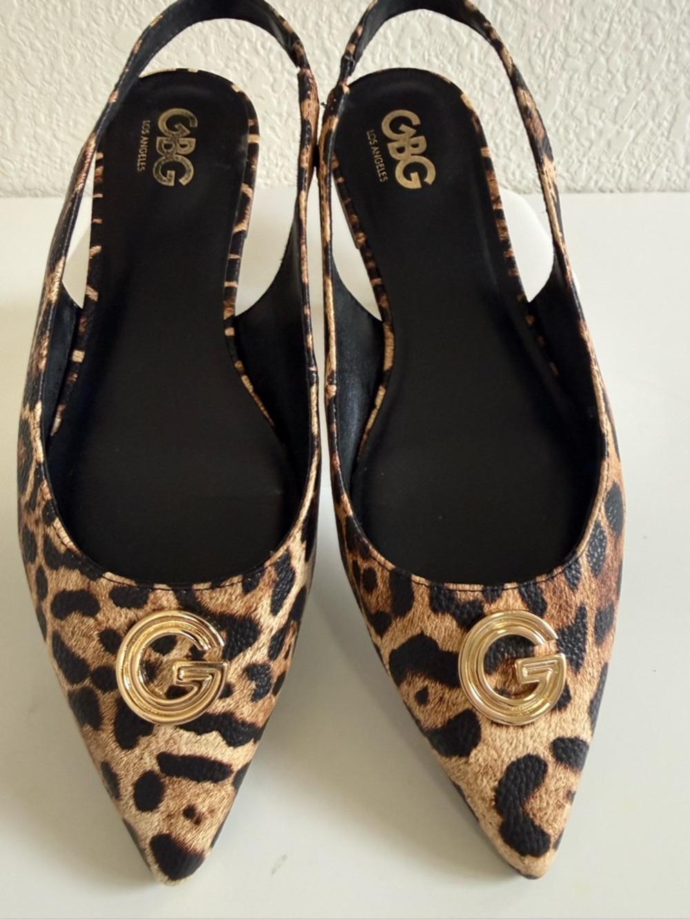 GBG Los Angeles Leopard‎ Print Pointed Slingback Flats with Gold Logo | 10M